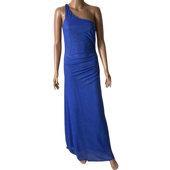 Vintage Kristopher maxi body con dress one shoulder ruched Sky blue stretch SZ M - Picture 2 of 9